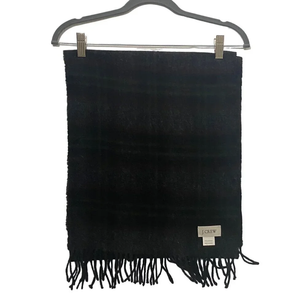J. Crew large lambswool tartan plaid fringed scarf unisex dark